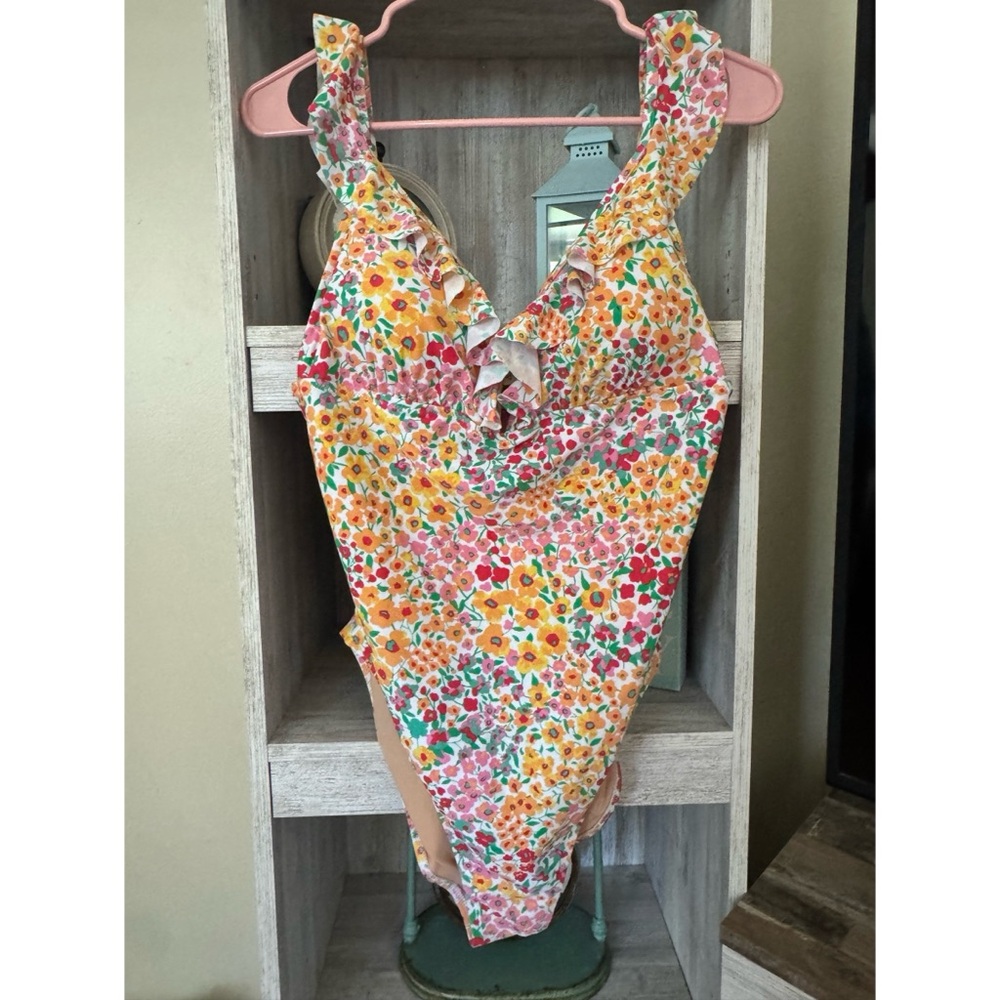 J.Crew Floral ruffle-shoulder V-neck one-piece swimsuit. Size Large.